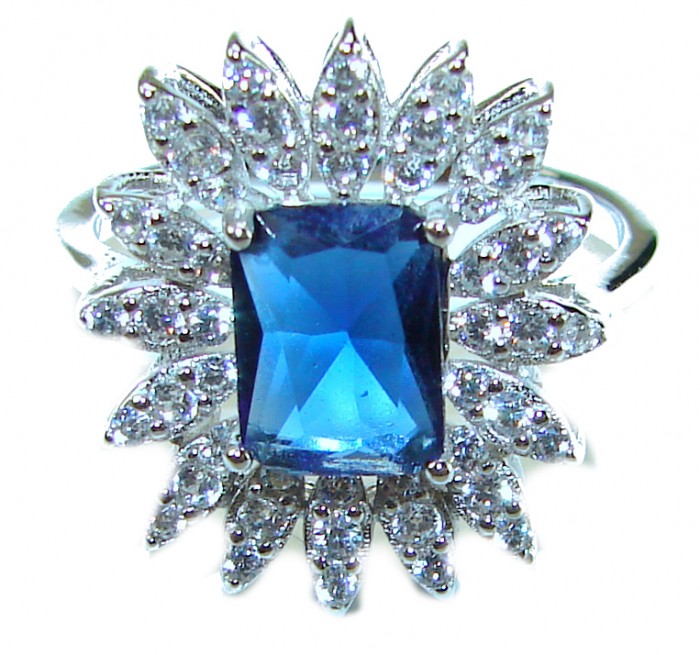 emerald cut 5.5 carat Sapphire .925 Sterling Silver handmade Statement ring; s. 7 - Close-up of emerald cut 5.5 carat sapphire ring in sterling silver.