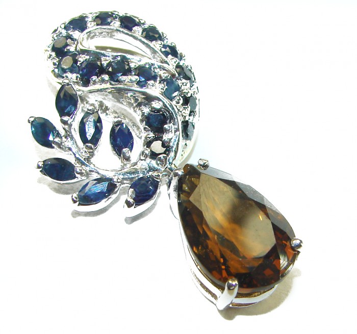 Celestial peace Authentic 9.5 carat Smoky Topaz Sapphire .925 Sterling Silver handmade Statement Pendant - Smoky Topaz and Sapphire pendant, stone close-up, bright illumination.