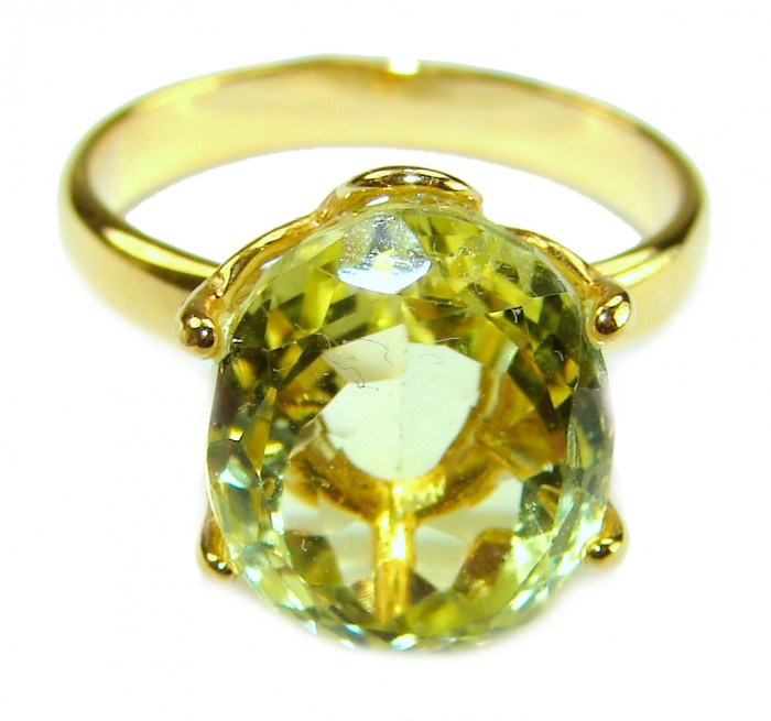 Solid 14.8 carat Genuine Lemon Quartz 14K Gold over .925 Sterling Silver handcrafted ring size 7 - Close-up of 14.8 carat lemon quartz ring in 14K gold over sterling silver.