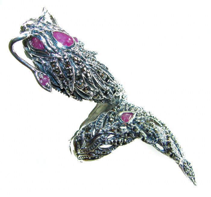 Massive Power - Oversized - Dragon 23.8 grams Marcasite Ruby . 925 Sterling Silver Ring s. 8 - Dragon-inspired ring with rubies and marcasite, side view.