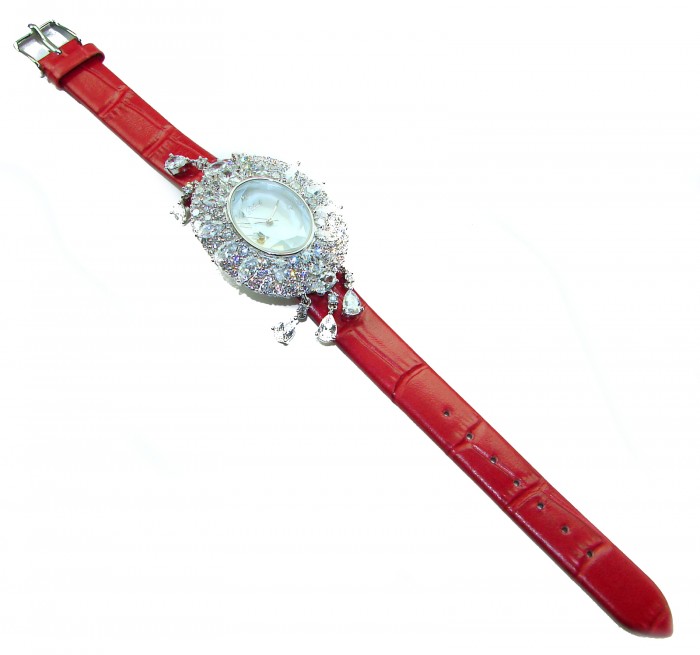 Precious 18.5 carat Authentic Red Genuine Leather strap .925 Sterling Silver handmade Watch - Luxury watch with red leather strap and diamond embellishments, top view.