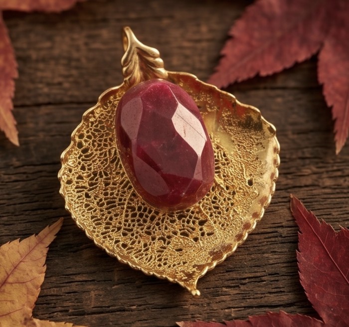 REAL Leaf dipped in copper Ruby stone 22.2 Golden Topaz & .925 Sterling Silver Pendant - Gold leaf jewelry with ruby stone close-up on wooden surface