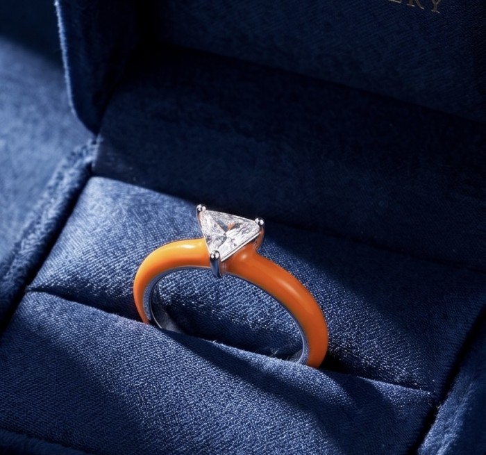 Natural 0.8 carat WHITE TOPAZ and Enamel .925 Sterling Silver Huge handcrafted Ring s. 6 - Topaz ring with orange enamel in a blue velvet box, angled view.