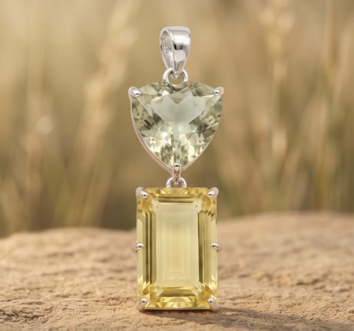 Golden Cascade 32.7 carat Lemon Quartz Green Amethyst .925 Sterling Silver handcrafted Lpendant - Front view of Golden Cascade pendant with lemon quartz and green amethyst.