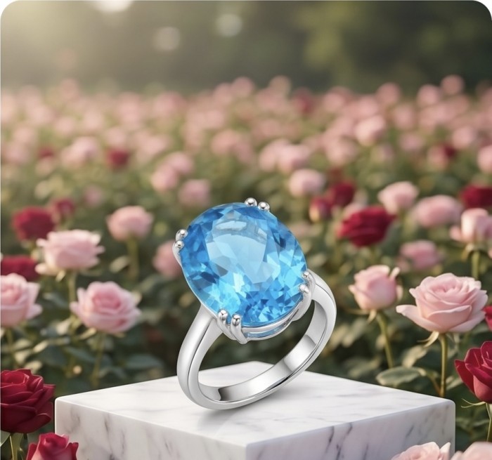 ENCHANTED OCEAN 16.3 carat Swiss Blue Topaz .925 Sterling Silver dipped in rhodium handcrafted ring size 6 3/4 - Stone close-up of ENCHANTED OCEAN Swiss Blue Topaz ring on marble slab.