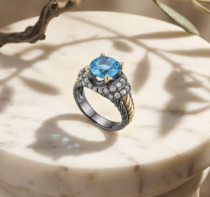 Nautilus 4.8 carat London Blue Topaz black rhodium 18K Gold over .925 Sterling Silver handcrafted Ring size 7 1/2 - Nautilus ring side view with 4.8 ct blue topaz and gold accents.