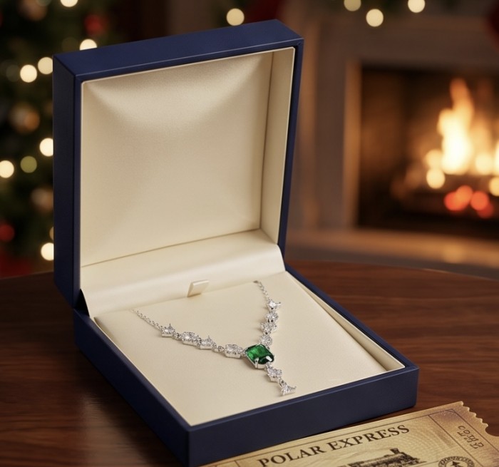 Giovanna- Authentic 7.5 CARAT natural Colombian Emerald .925 Sterling Silver handcrafted necklace - Necklace in box with emerald centerpiece, fireplace and tree background