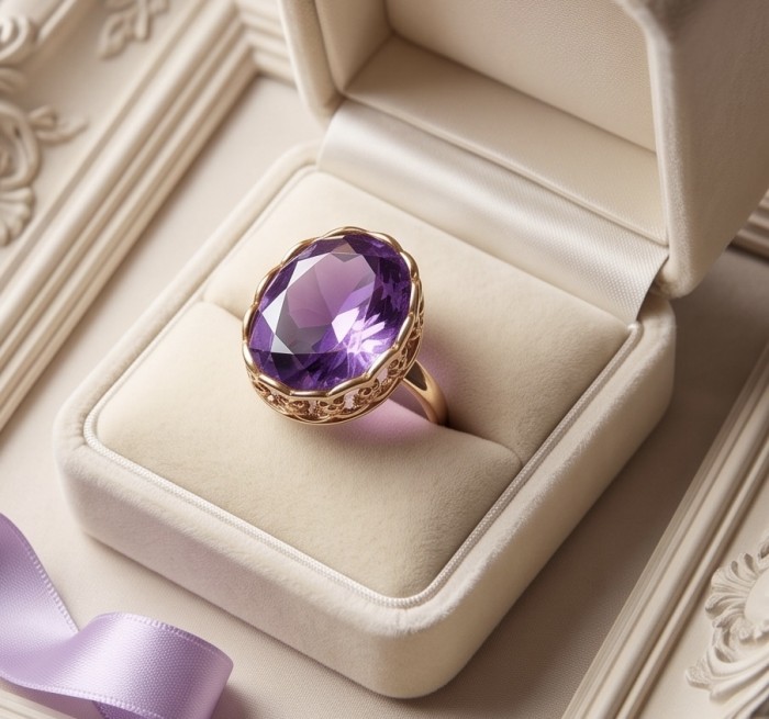Lavender Love 15.5 carat natural Amethyst 18K Gold over .925 Sterling Silver Handcrafted Ring size 8 - Close-up of Lavender Love amethyst ring in a jewelry box.