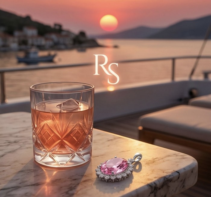 Incredible oval cut 15.8 carat Pink Sapphire .925 Sterling Silver handcrafted pendant - Pink Sapphire pendant on marble with ocean view at sunset.