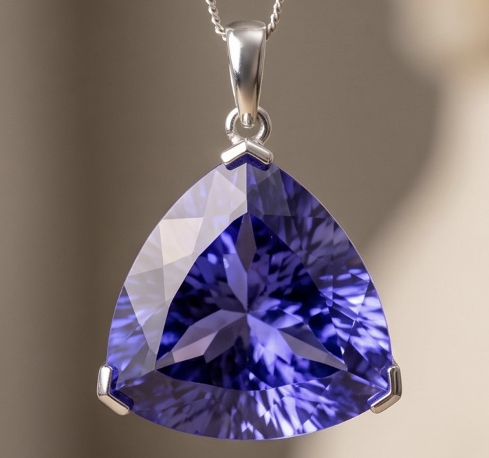 Fancy Trillion Cut Perfect 20.5 carat natural Tanzanite .925 Sterling Silver handcrafted Pendant - Close-up of fancy trillion cut 20.5 carat natural tanzanite pendant