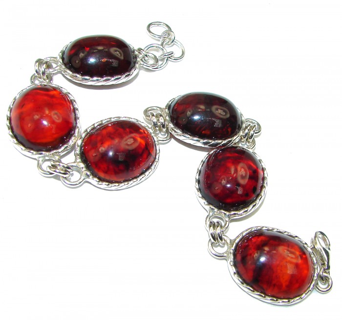 Large Beautiful Dark Cognac Amber .925 Sterling Silver handcrafted Bracelet - photo 1