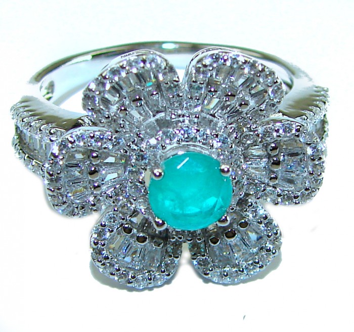 Luxurious Flower 3.1 carat Emerald .925 Sterling Silver handcrafted Ring size 8 - photo 2
