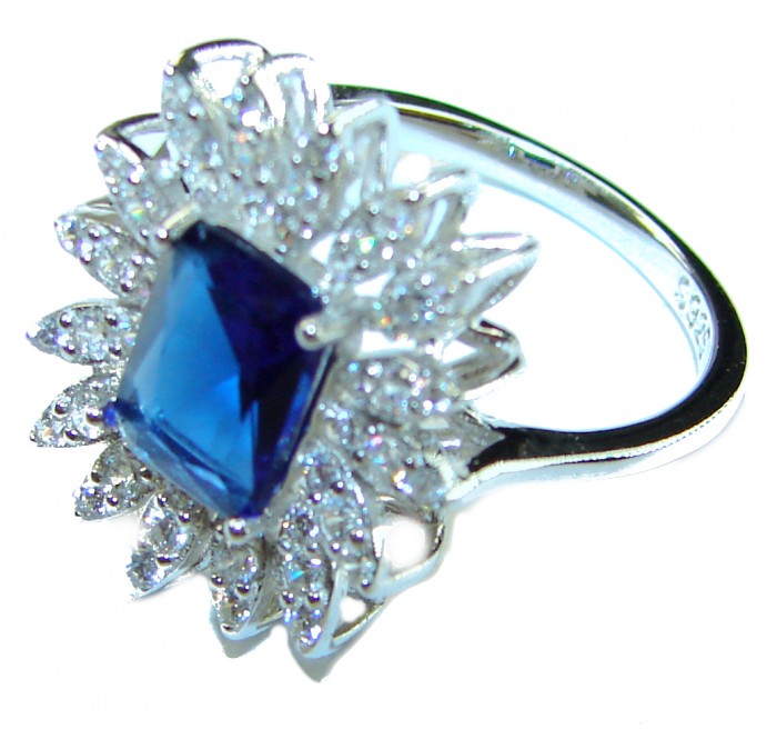 emerald cut 5.5 carat Sapphire .925 Sterling Silver handmade Statement ring; s. 7 - Side view of emerald cut sapphire on sterling silver ring.