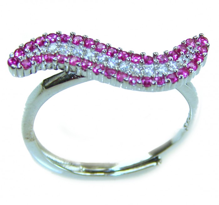 Genuine 3.5 CARAT Ruby .925 Sterling Silver handcrafted Ring size 8 1/2 - Side view of ruby and sterling silver ring with wave design