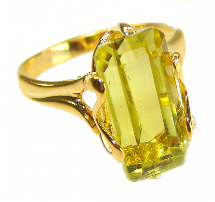 7.8 carat Genuine Lemon Quartz 14K Gold over .925 Sterling Silver handcrafted ring size 9 - Stone close-up of 7.8 carat lemon quartz ring in 14K gold over sterling