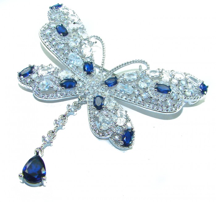 Vintage Design - Blue Butterfly - Genuine 10.2 carat Sapphire 14k White Gold over .925 Sterling Silver handmade Pendant Brooch - Top view of butterfly brooch with sapphires and sparkling stones