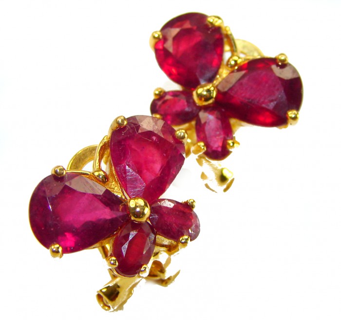Butterflies - Authentic 12.9 carat Ruby 18K Gold over .925 Sterling Silver handcrafted earrings - Ruby butterfly earrings, front view, 18K gold over .925 silver.