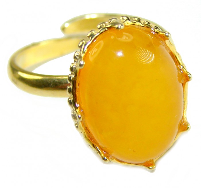 Authentic Golden Butterscotch Baltic Amber 14K Gold over .925 Sterling Silver entirely handcrafted ring; s. 7 adjustable - Golden butterscotch Baltic amber ring side view in 14K gold over .9.