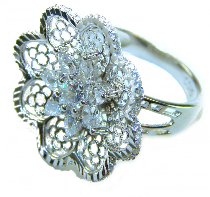 Casablanca Italy made .925 Sterling Silver brilliantly handcrafted ring s. 7 1/4 - Close-up of ornate Sterling Silver ring with floral design.