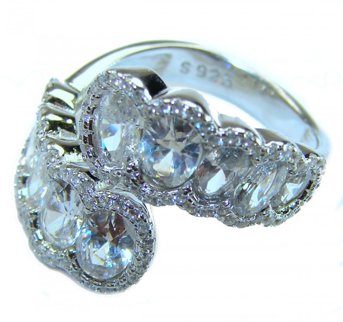 Precious 5.5 carat White Topaz .925 Sterling Silver ring size 7 1/4 - Close-up of sterling silver ring with white topaz stones.