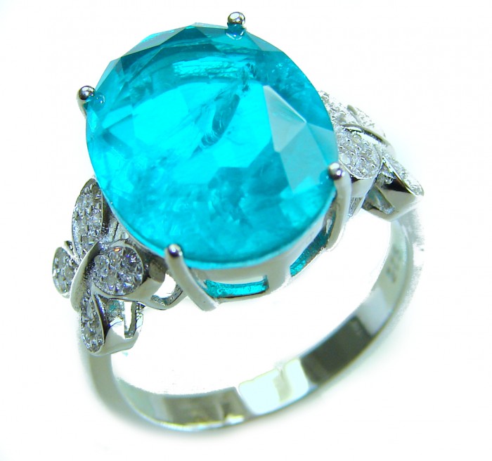 Eau Pure 10.5 carat Paraiba Tourmaline .925 Sterling Silver Handcrafted Ring size 8 - Close-up of Paraiba Tourmaline ring with butterfly details.