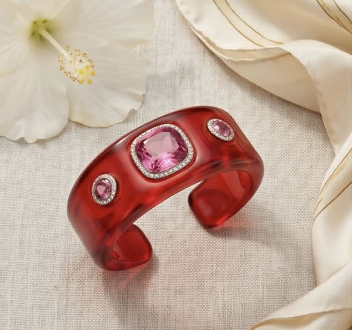 Candy Store - Modern Design Natural Red Raisin Pink Topaz .925 Sterling Silver bracelet - Red resin cuff with pink topaz, top view, with flower accent.