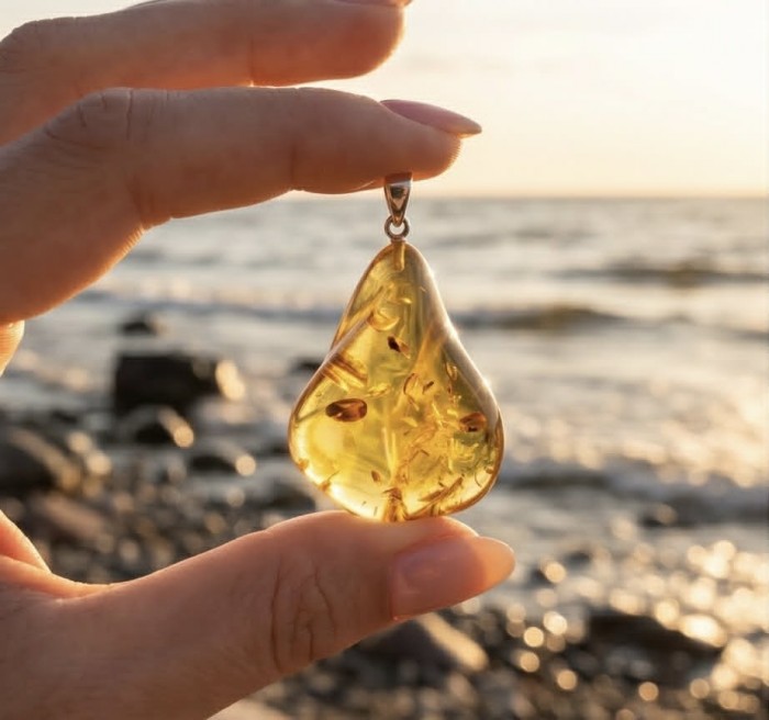 Sea Treasure Prehistoric Authentic Baltic Amber .925 Sterling Silver beautifully handcrafted Pendant - Hand holding amber pendant at sunset by the sea