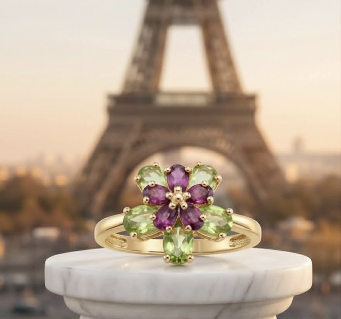 Authentic 8.9 carat Peridot 18K Gold over .925 Sterling Silver handmade Ring s. 6 - Floral ring close-up with Eiffel Tower in background