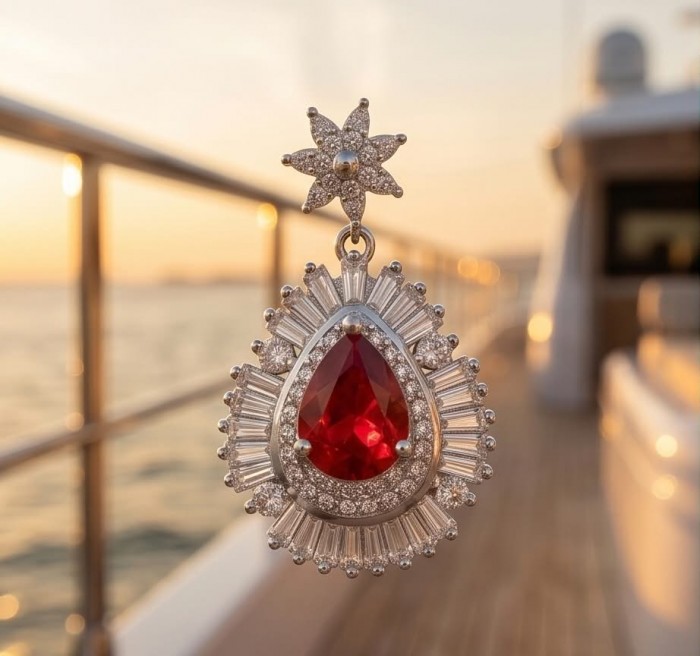 Magnificent Jewel 5.2 carat Ruby .925 Sterling Silver handcrafted incredible Pendant - Close-up of Magnificent Jewel 5.2 carat ruby pendant on a yacht.