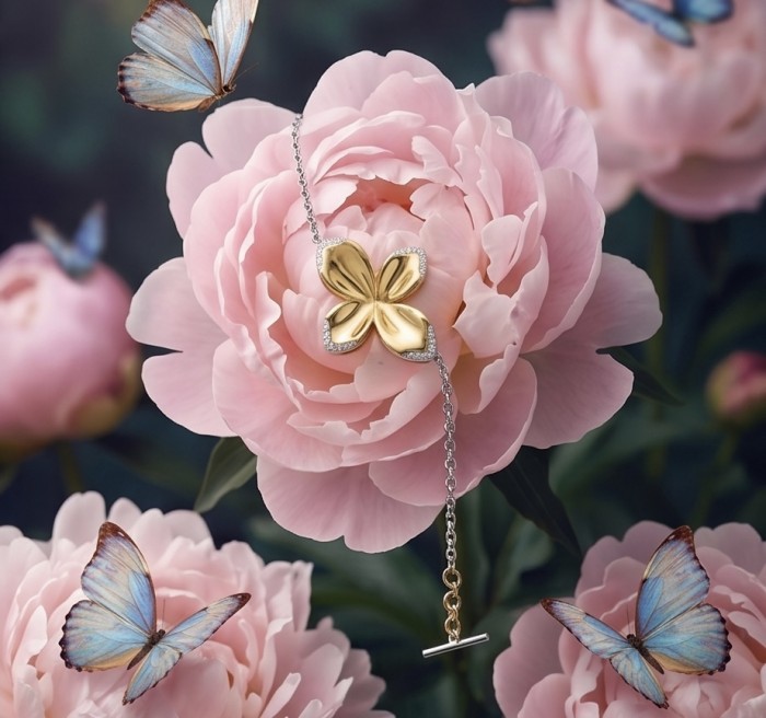 Lotus White Topaz highly polished 18K Gold over .925 Sterling Silver Italy made bracelet - Lotus bracelet on pink flower with butterflies in a close-up shot.