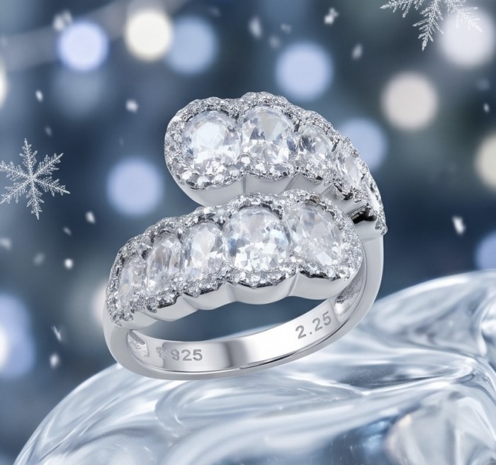 Precious 8.5 carta White Topaz rhodium over .925 Sterling Silver Statement ring size 8 1/2 - White topaz ring close-up with snowflake background, engraved "925" and "2.25".