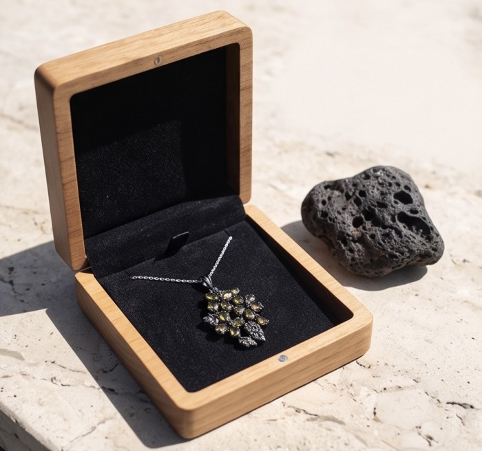 Mystery Rare 12.5 carat Grandidierite black rhodium over .925 Sterling Silver Handcrafted pendant - Grandidierite necklace in open wooden box on stone surface.