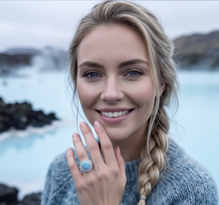 Blue Cascade Natural 14.8 carat Swiss Blue Topaz .925 Sterling Silver dipped in rhodium handmade Large Statement Ring size 6 - Woman wearing Blue Cascade ring, showcasing Swiss Blue Topaz stone.