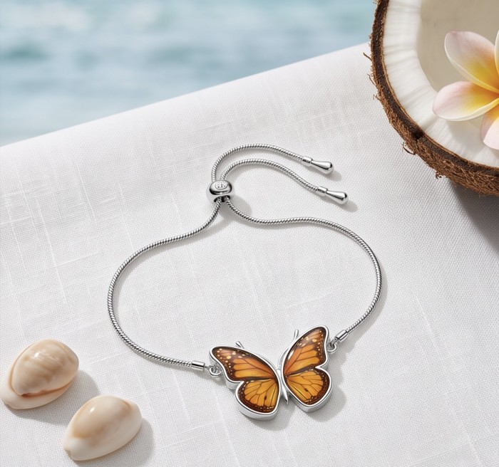 Golden Butterfly Genuine carved Baltic Amber rhodium over .925 Sterling Silver handamde Bracelet - Golden butterfly bracelet on white cloth with seashells and coconut.
