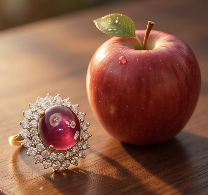 Francesca Authentic 10.9 carat Mozambique Ruby .925 Sterling Silver brilliantly handcrafted Statement Statement ring; s. 7 - Ruby ring with diamond halo beside apple on wooden surface.