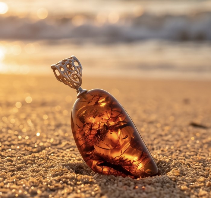 Prehistoric Authentic Golden Baltic Amber .925 Sterling Silver beautifully handcrafted Pendant - Amber pendant on beach at sunset displaying intricate inclusions