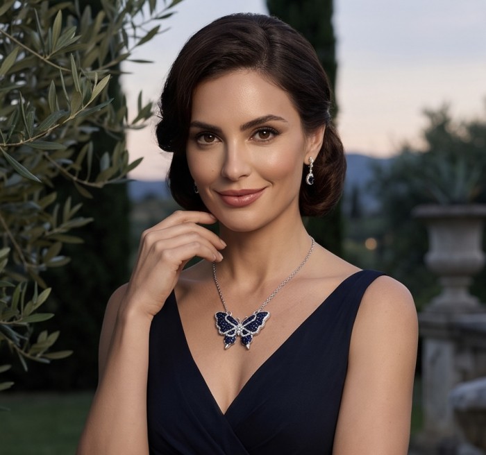 Precious Blue Butterfly mystery setting 14.2 carat natural Sapphire .925 Sterling Silver Necklace - Woman wearing Precious Blue Butterfly necklace in outdoor setting.