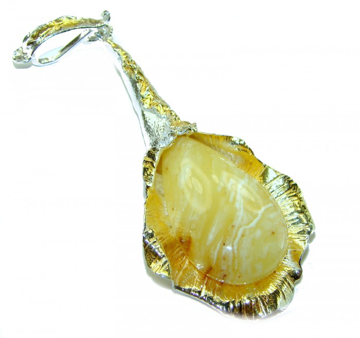 Large Honay Drop authentic Butterscotch Baltic Amber 2 tones .925 Sterling Silver handmade Pendant - photo 1