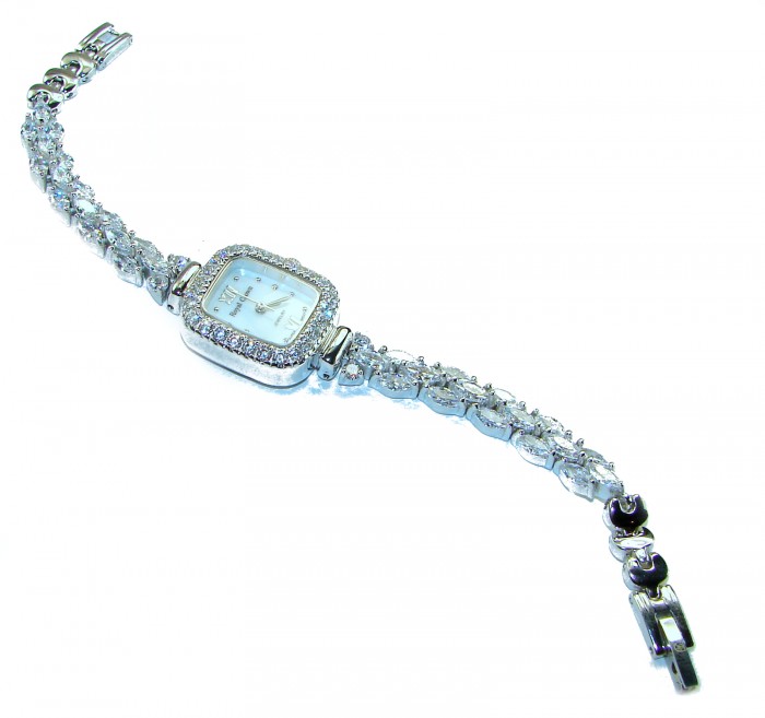 Precious 89.8 carat White Topaz .925 Sterling Silver handmade Bracelet - Watch - Side view of a watch with white topaz and sterling silver bracelet.