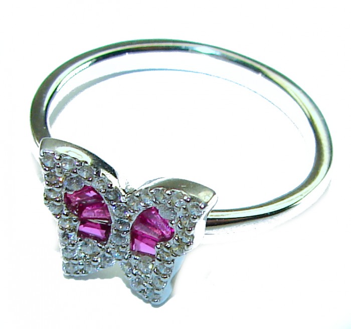 Art Deco 1.8 carat Authentic Ruby .925 Sterling Silver Handcrafted Ring size 7 1/4 - Butterfly-shaped ruby ring side view on white background.