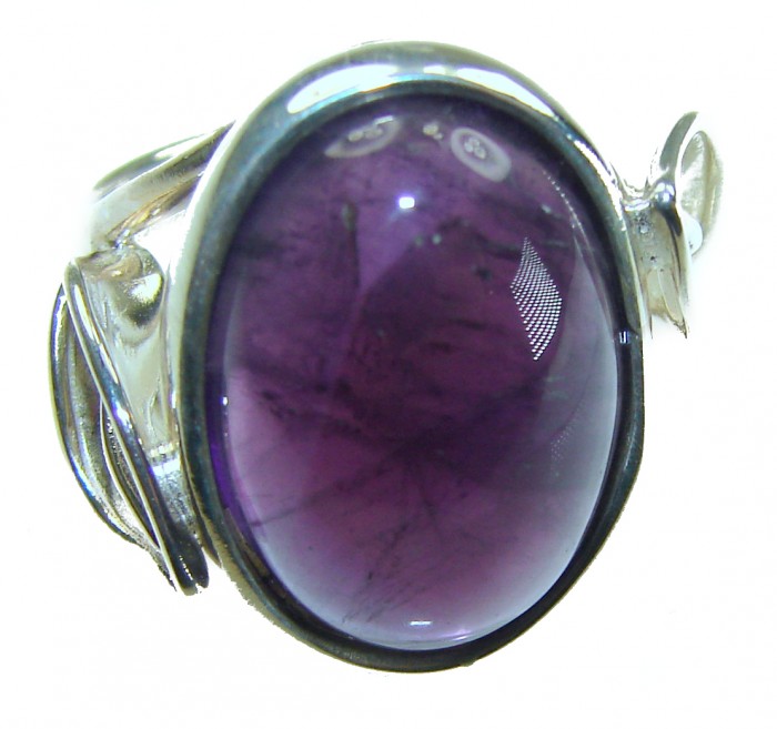 Purple Amethyst .925 Sterling Silver Handcrafted Large Ring size 7 1/2 - Close-up of large purple amethyst ring in sterling silver setting.