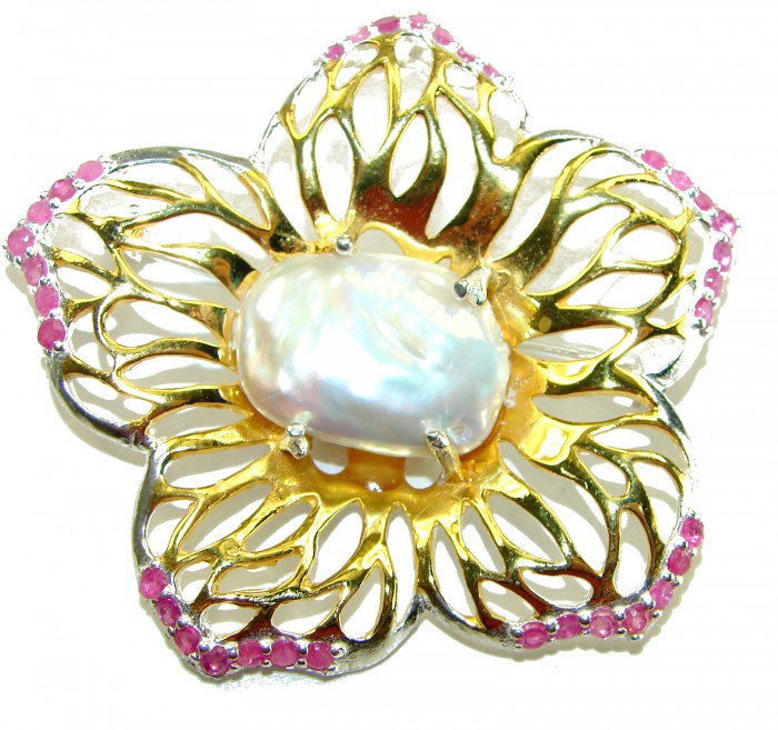 Large Genuine Mother of Pearl Ruby 14K Gold .925 Sterling Silver handmade Pendant Brooch - Floral brooch with mother of pearl and rubies in gold, top view.