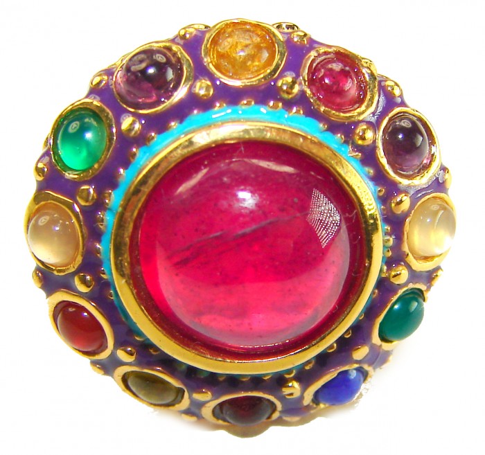 Nirvana Genuine 10.5 CARAT Ruby enamel 24K Gold over .925 Sterling Silver Large Statement Ring size 7 - Close-up of Nirvana Ruby ring with enamel and 24K gold detailing.