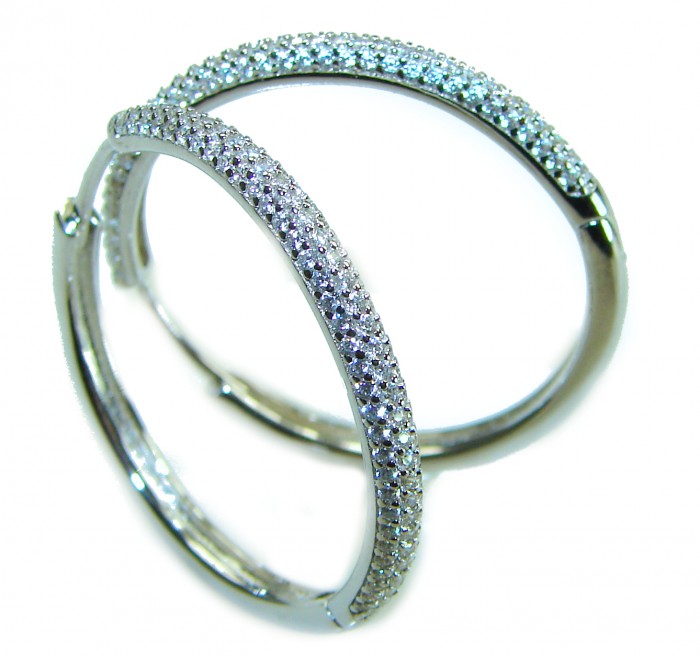 Allure Natural 8.2 carat White Topaz .925 Sterling Silver handcrafted hoop earrings - Top view of Sterling Silver bangles with white topaz stones.