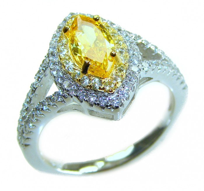 Marquise cut 4.2 carat yellow Sapphire .925 Sterling Silver brilliantly handcrafted ring s. 7 - Marquise cut yellow sapphire ring, angled top view.