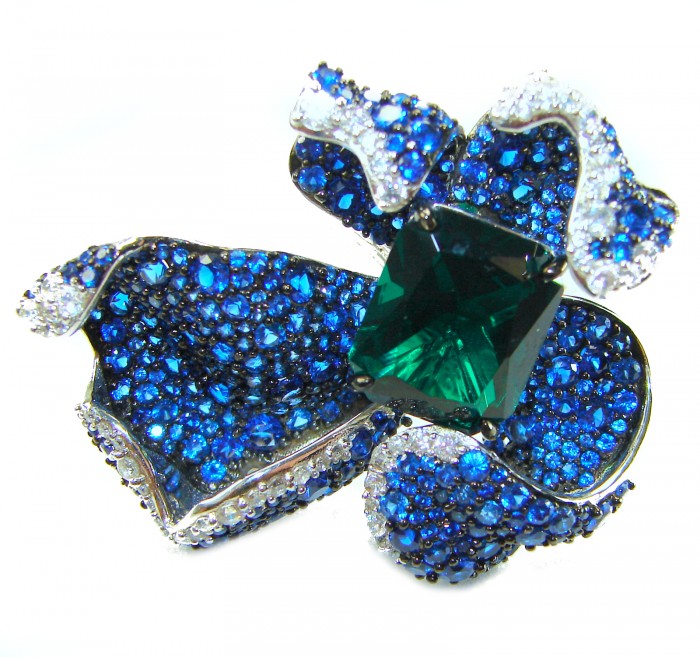 Wild Flower 55.2 carat authentic Colombian Emerald Sapphire.925 Sterling Silver handcrafted Statement Ring size 6 1/4 - Close-up of Wild Flower brooch with emerald and sapphire gemstones.