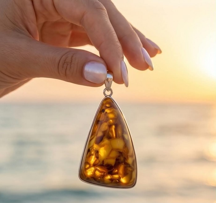 Prehistoric Authentic Baltic Amber .925 Sterling Silver beautifully handcrafted Pendant - Baltic amber pendant close-up with sunset background.