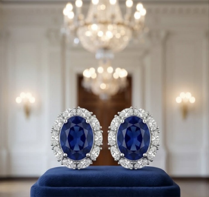 Giovanna - Authentic oval cut 6.8 carat Tanzanite .925 Sterling Silver handcrafted earrings - Close-up of oval cut Tanzanite earrings with diamond accents on a stand.