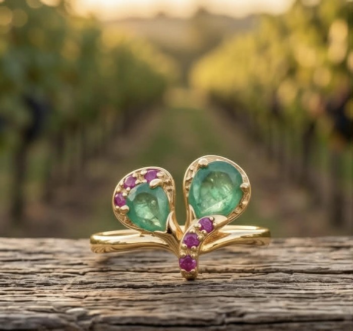 Gabriella 2.7 carat authentic Emerald 18K Gold over .925 Sterling Silver handcrafted Statement Ring size 8 - Front view of Gabriella emerald ring with pink accents on rustic wood.
