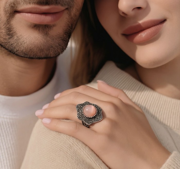 Bella Rosa Natural 17.8 carat BRAZILIAN ROSE QUARTZ .925 Sterling Silver dipped in RHODIUM handmade Statement Ring size 6 - Rose quartz ring on hand, highlighting stone and intricate band detail.